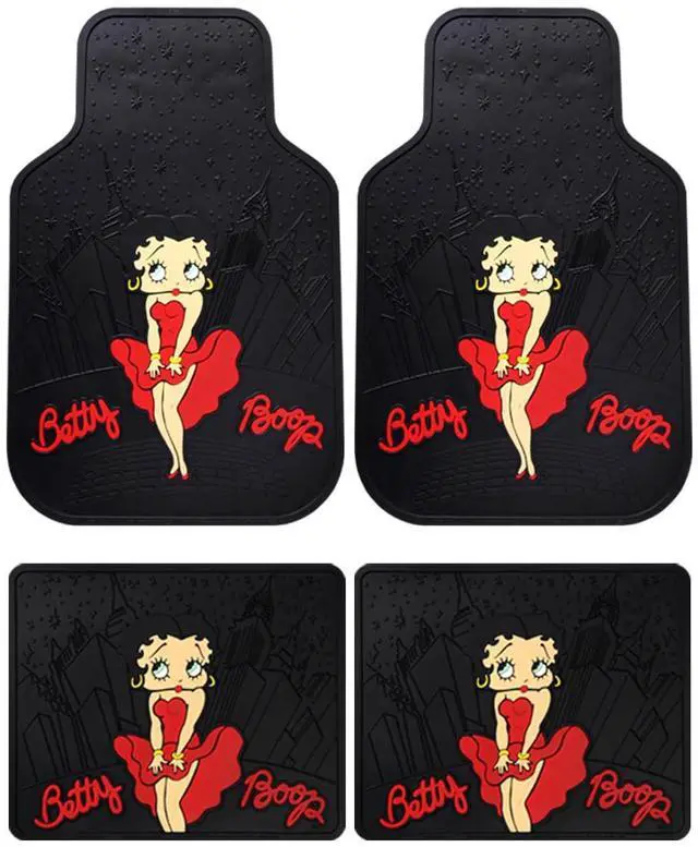 Alt view image 2 of 5 - Platicolors Betty Boop Skyline Design Car Accessories Bundle Set New Seat Covers, Front and Rear Rubber Mats, Steering Wheel Cover Sun Shade Air FreshenerProtection for Cars SUVs Trucks & Vans