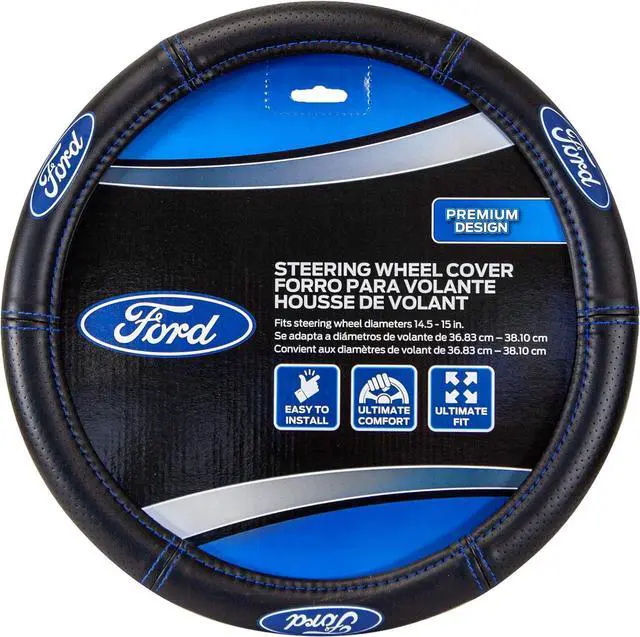 Main image of Plasticolor Ford Steering Wheel Cover Bundle Set  Premium Deluxe High-Contrast Stitching, Non-Slip Grip, Universal Fit for Cars, Trucks & SUVs