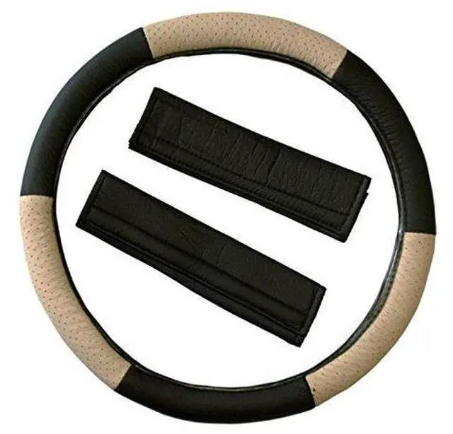Main image of NEW RACING STYLE 2 TONE LEAHTERETTE CAR TRUCK STEERING WHEEL COVER WITH SHOULDER PADS (BLACK/TAN)