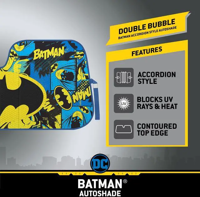 Main image of BDK Warner Bros DC Comics Classic Batman Car Window Shades - Accordion Folding Windshield Sun Shade - Double Bubble 58 x 27 in - Keeps Vehicle Cool, Protects from Sun Damage UV Block Car Accessories