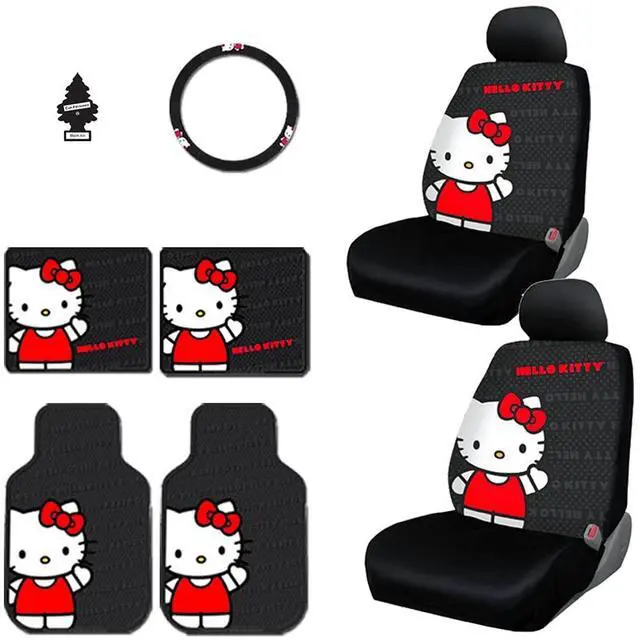 Main image of New Design 8 Pieces Hello Kitty Car Seat Cover with 4 Rubber Mats, Steering Wheel Cover and Air Freshener Bundle Set