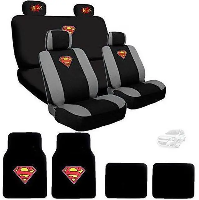 Main image of Ultimate Superman Car Seat Covers Floor Mats Set from BDK Bundled with Classic BAM! Logo Headrest Covers