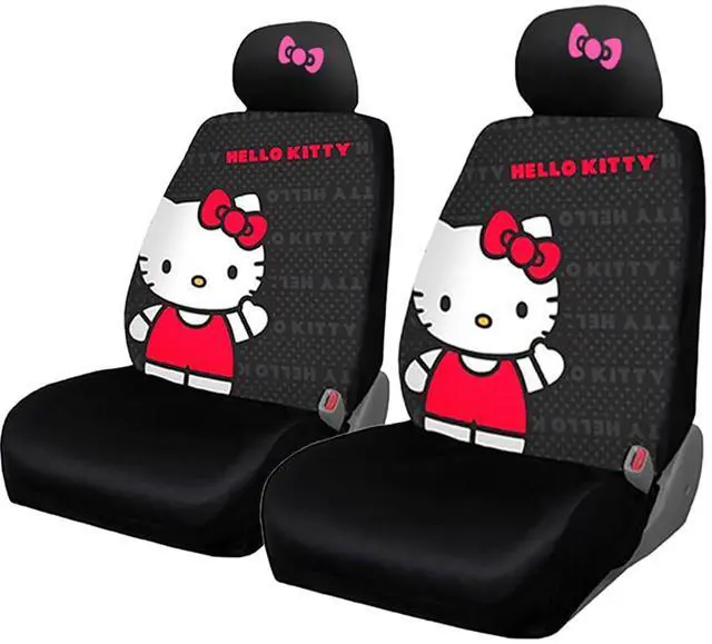 Alt view image 3 of 4 - New Design Hello Kitty Car Accessories Seat Cover with 4 Rubber Mats, Steering Wheel Cover and Pink Bow Headrest Cover bundle set