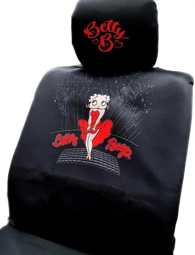 Main image of New Betty Boop Skyline Design Car Accessories Set New Seat Covers, Front and Rear Rubber Mats, Steering Wheel Cover Embroidered Headrest Covers Stylish Protection for Cars SUVs Trucks