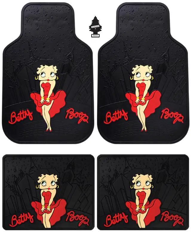 Alt view image 3 of 3 - New Betty Boop Skyline Design Car Accessories Set New Seat Covers, Front and Rear Rubber Mats, Steering Wheel Cover Embroidered Headrest Covers Stylish Protection for Cars SUVs Trucks