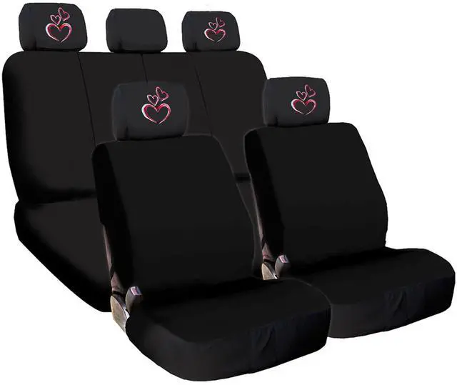 Main image of New Black Flat Cloth Universal Fit Car Truck Seat Covers With Embroidery Logo Headrest Covers Support 60/40 Split Seats (Large Pink Heart)
