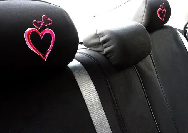 Alt view image 4 of 5 - New Black Flat Cloth Universal Fit Car Truck Seat Covers With Embroidery Logo Headrest Covers Support 60/40 Split Seats (Large Pink Heart)