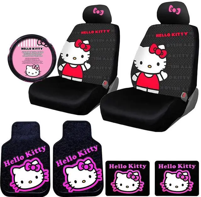Main image of New Design Hello Kitty Car Accessories Seat Cover with 4 Rubber Mats, Steering Wheel Cover and Pink Bow Headrest Cover bundle set