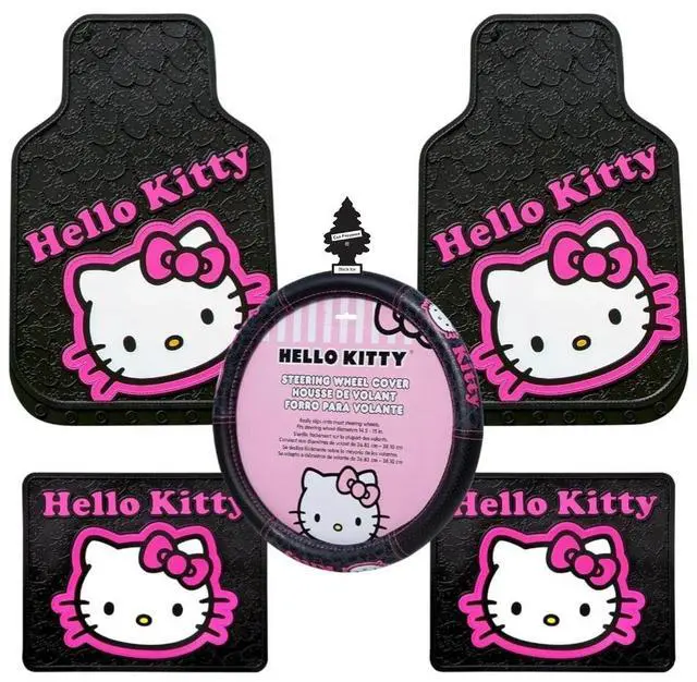 Main image of Hello Kitty Collage Design Sanrio Front & Rear Car Truck SUV Seat Rubber Floor Mats and Steering Wheel Cover Bundle Set -6 PC