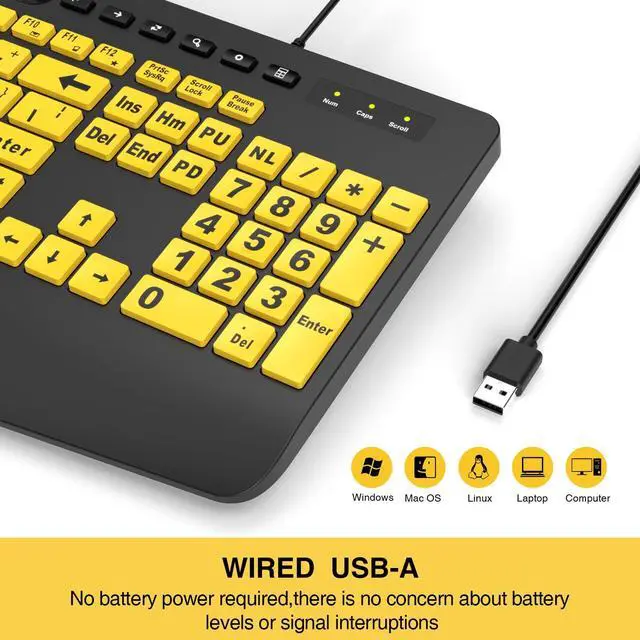 Alt view image 7 of 7 - Large Print Keyboard Wired Computer Keyboards with Wrist Rest, Phone Holder, Big Letters Easy to Read Compatible Windows, Desktop, Laptop, Yellow SABLUTE
