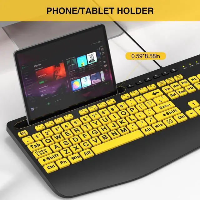 Alt view image 4 of 7 - Large Print Keyboard Wired Computer Keyboards with Wrist Rest, Phone Holder, Big Letters Easy to Read Compatible Windows, Desktop, Laptop, Yellow SABLUTE