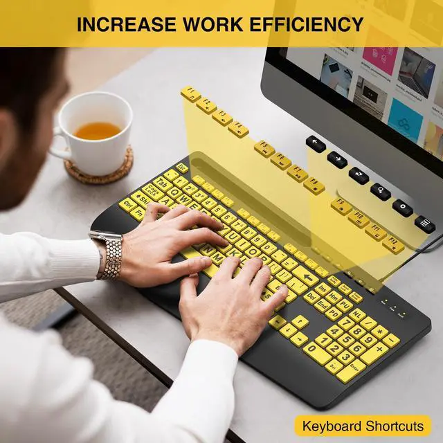 Alt view image 5 of 7 - Large Print Keyboard Wired Computer Keyboards with Wrist Rest, Phone Holder, Big Letters Easy to Read Compatible Windows, Desktop, Laptop, Yellow SABLUTE