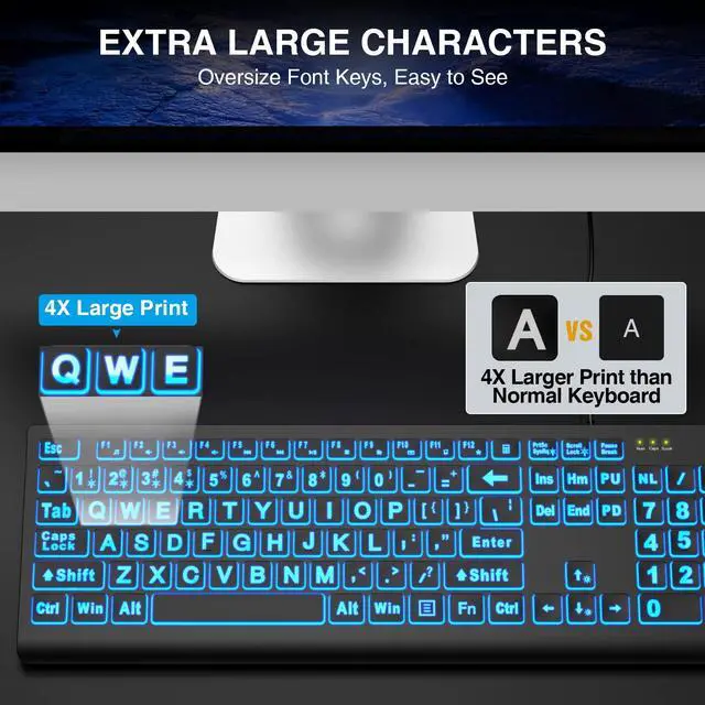 Alt view image 3 of 7 - SABLUTE Large Print Backlit Keyboard, Wired USB Lighted Computer Keyboards with 7-Color & 4 Modes Backlit, Oversize Letters Keys Easy to See and Type, Keyboard Compatible for PC, Laptop