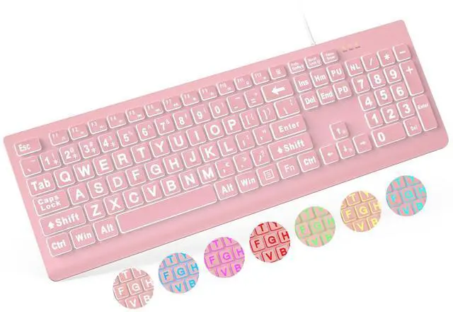 Main image of SABLUTE Large Print Backlit Keyboard, Wired USB Lighted Computer Keyboards with 7-Color & 4 Modes Backlit, Oversize Letters Keys Easy to See and Type, Quiet Keyboard Compatible for PC, Laptop -Pink