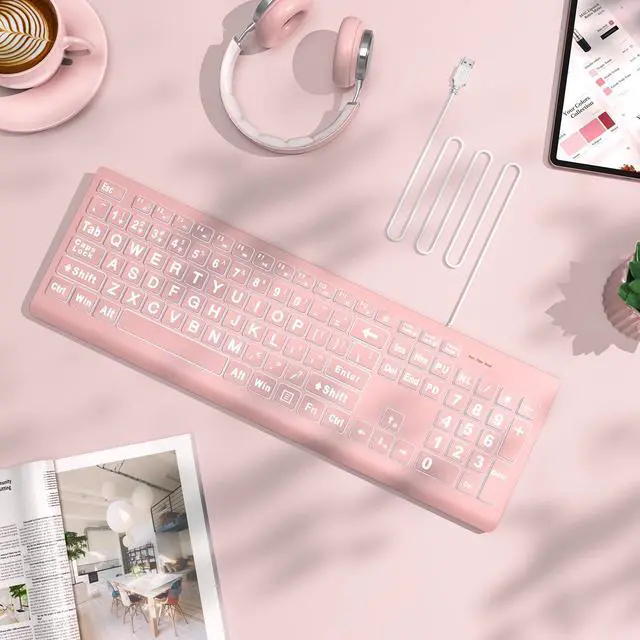 Alt view image 5 of 7 - SABLUTE Large Print Backlit Keyboard, Wired USB Lighted Computer Keyboards with 7-Color & 4 Modes Backlit, Oversize Letters Keys Easy to See and Type, Quiet Keyboard Compatible for PC, Laptop -Pink