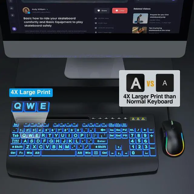 Alt view image 2 of 7 - SABLUTE Keyboard and Mouse Combo Wired, Large Print Computer Keyboards with Wrist Rest, Lighted RGB Backlit Keyboard Easy to See,  Ergonomic Light Up USB Keyboard Set for PC, Windows, Laptop