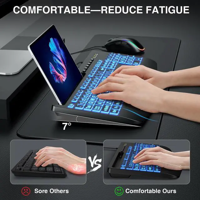 Alt view image 3 of 7 - SABLUTE Keyboard and Mouse Combo Wired, Large Print Computer Keyboards with Wrist Rest, Lighted RGB Backlit Keyboard Easy to See,  Ergonomic Light Up USB Keyboard Set for PC, Windows, Laptop