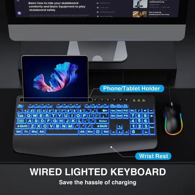 Alt view image 6 of 7 - SABLUTE Keyboard and Mouse Combo Wired, Large Print Computer Keyboards with Wrist Rest, Lighted RGB Backlit Keyboard Easy to See,  Ergonomic Light Up USB Keyboard Set for PC, Windows, Laptop