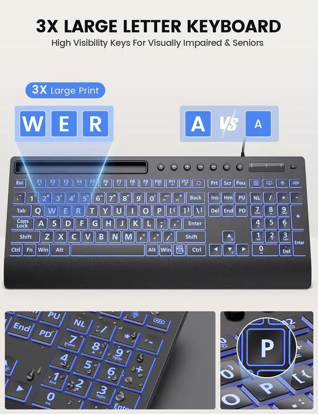 Alt view image 2 of 7 - SABLUTE Large Print Backlit Keyboard, USB Wired Computer Keyboard with Backlight Memory Function, Wrist Palm, 7-Color Lighted Office Home Keyboards,Light Up Keyboard for Windows Desktop, Laptop, PC