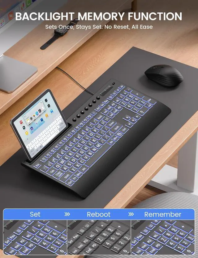 Alt view image 3 of 7 - SABLUTE Large Print Backlit Keyboard, USB Wired Computer Keyboard with Backlight Memory Function, Wrist Palm, 7-Color Lighted Office Home Keyboards,Light Up Keyboard for Windows Desktop, Laptop, PC