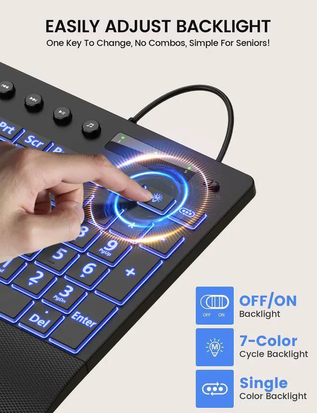 Alt view image 4 of 7 - SABLUTE Large Print Backlit Keyboard, USB Wired Computer Keyboard with Backlight Memory Function, Wrist Palm, 7-Color Lighted Office Home Keyboards,Light Up Keyboard for Windows Desktop, Laptop, PC
