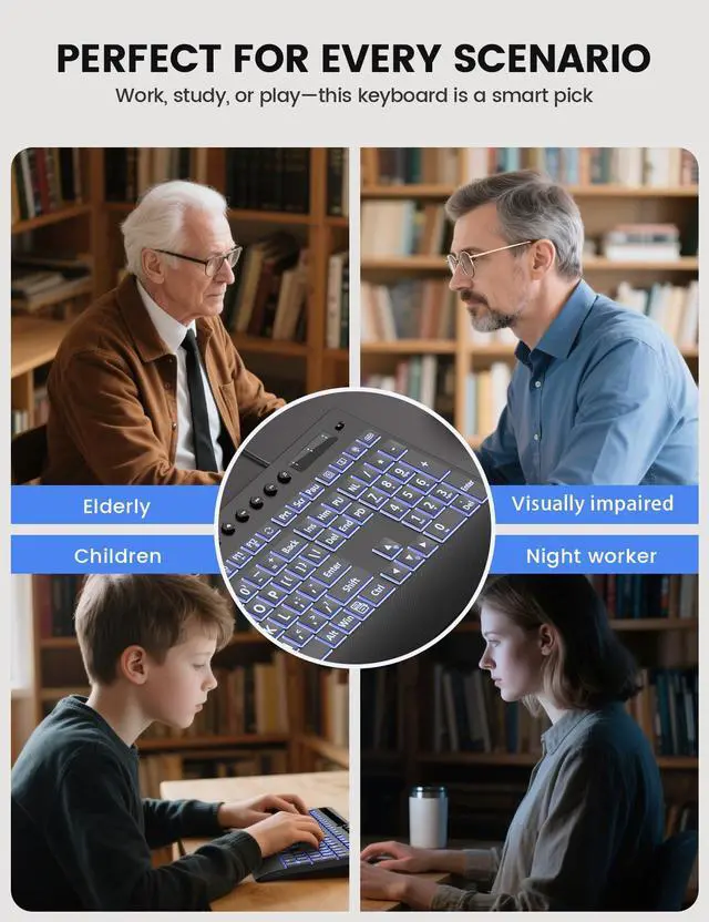 Alt view image 6 of 7 - SABLUTE Large Print Backlit Keyboard, USB Wired Computer Keyboard with Backlight Memory Function, Wrist Palm, 7-Color Lighted Office Home Keyboards,Light Up Keyboard for Windows Desktop, Laptop, PC