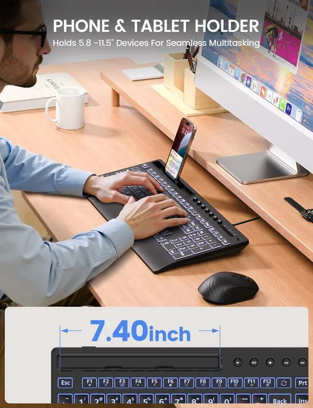 Alt view image 7 of 7 - SABLUTE Large Print Backlit Keyboard, USB Wired Computer Keyboard with Backlight Memory Function, Wrist Palm, 7-Color Lighted Office Home Keyboards,Light Up Keyboard for Windows Desktop, Laptop, PC