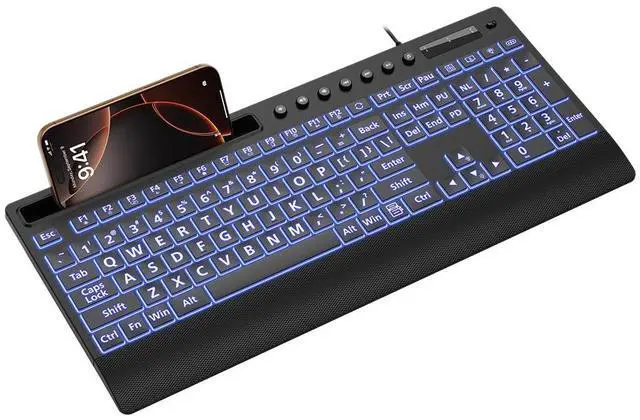 Main image of SABLUTE Large Print Backlit Keyboard, USB Wired Computer Keyboard with Backlight Memory Function, Wrist Palm, 7-Color Lighted Office Home Keyboards,Light Up Keyboard for Windows Desktop, Laptop, PC