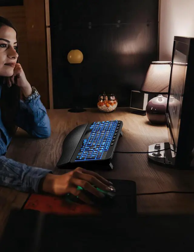 Alt view image 5 of 7 - Ergonomic Keyboard Wired with Cushioned Wrist & Palm Rest, Backlit Computer Keyboards with 7-Color Adjustable Backlight, Comfortable Natural Wave Keys for Windows/Mac, Desktop Laptop