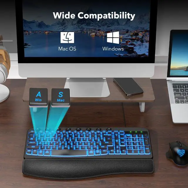 Alt view image 7 of 7 - Ergonomic Keyboard Wired with Cushioned Wrist & Palm Rest, Backlit Computer Keyboards with 7-Color Adjustable Backlight, Comfortable Natural Wave Keys for Windows/Mac, Desktop Laptop