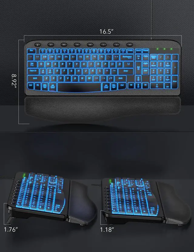 Alt view image 6 of 7 - Ergonomic Keyboard Wired with Cushioned Wrist & Palm Rest, Backlit Computer Keyboards with 7-Color Adjustable Backlight, Comfortable Natural Wave Keys for Windows/Mac, Desktop Laptop