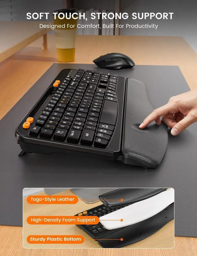 Alt view image 3 of 7 - Wireless Keyboard and Mouse Combo, Ergonomic Wave Keys, Cushioned Plam Rest, Rechargeable, Phone Holder, Natural Typing, 2.4G Lag-Free, Full Size Keyboards Cordless Set for Windows/Mac -SABLUTE