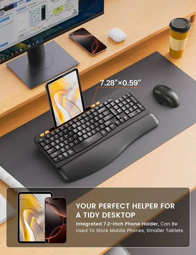 Alt view image 5 of 7 - Wireless Keyboard and Mouse Combo, Ergonomic Wave Keys, Cushioned Plam Rest, Rechargeable, Phone Holder, Natural Typing, 2.4G Lag-Free, Full Size Keyboards Cordless Set for Windows/Mac -SABLUTE