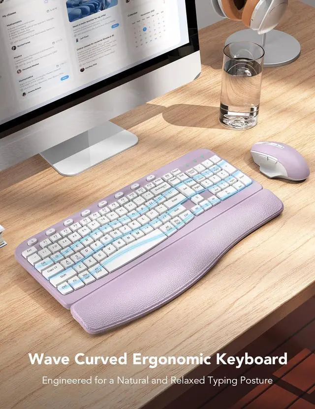 Alt view image 2 of 7 - SABLUTE Wireless Keyboard and Mouse Combo, Ergonomic Wave Key, Cushioned Plam Rest, Comfortable Silent Natural Typing, 2.4G Lag-Free, Full Size Keyboards Cordless Set for Multi-OS, Windows/Mac, Purple