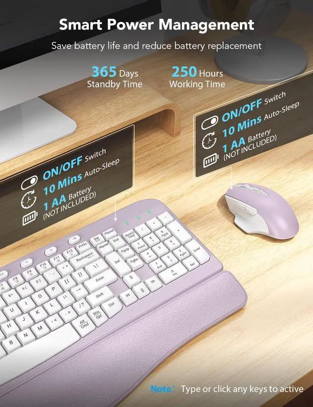 Alt view image 6 of 7 - SABLUTE Wireless Keyboard and Mouse Combo, Ergonomic Wave Key, Cushioned Plam Rest, Comfortable Silent Natural Typing, 2.4G Lag-Free, Full Size Keyboards Cordless Set for Multi-OS, Windows/Mac, Purple