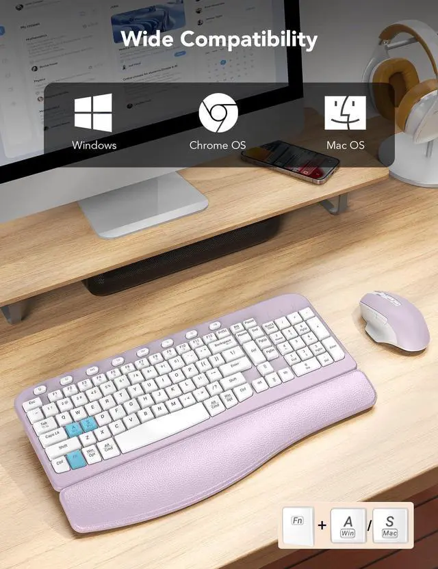 Alt view image 7 of 7 - SABLUTE Wireless Keyboard and Mouse Combo, Ergonomic Wave Key, Cushioned Plam Rest, Comfortable Silent Natural Typing, 2.4G Lag-Free, Full Size Keyboards Cordless Set for Multi-OS, Windows/Mac, Purple