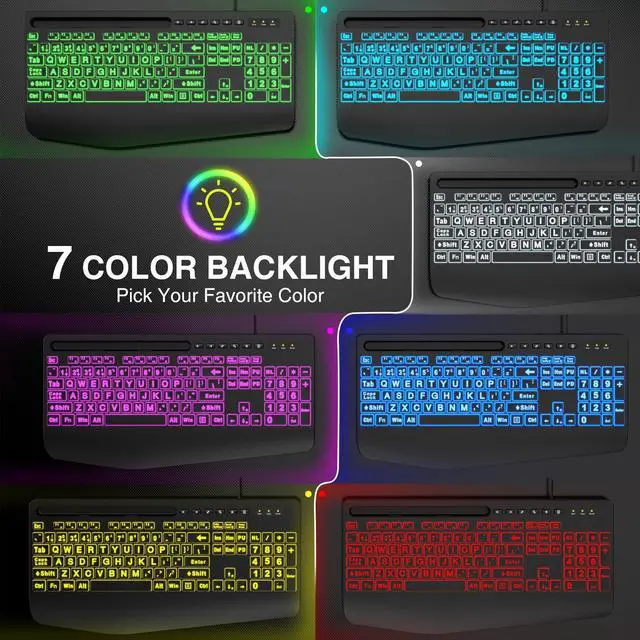 Alt view image 6 of 7 - SABLUTE Large Print Backlit Keyboard, Wired USB Computer Keyboards with 7-Colors Backlight, Wrist Rest, Phone Holder, Oversized Letter Keys Easy to See and Type for Laptop, PC, Windows, Black