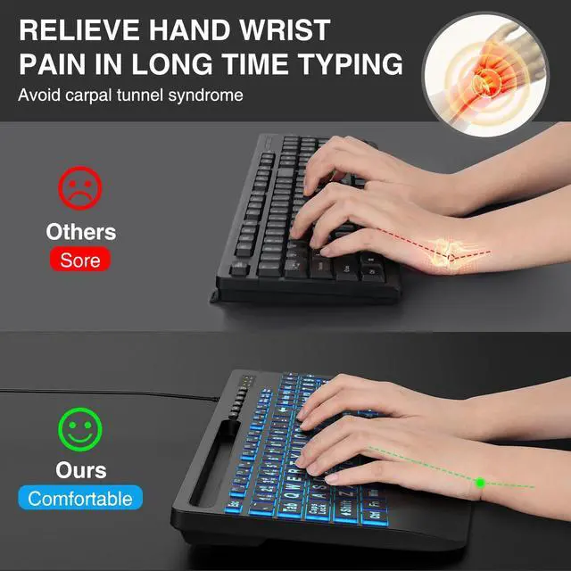 Alt view image 4 of 7 - SABLUTE Large Print Backlit Keyboard, Wired USB Computer Keyboards with 7-Colors Backlight, Wrist Rest, Phone Holder, Oversized Letter Keys Easy to See and Type for Laptop, PC, Windows, Black