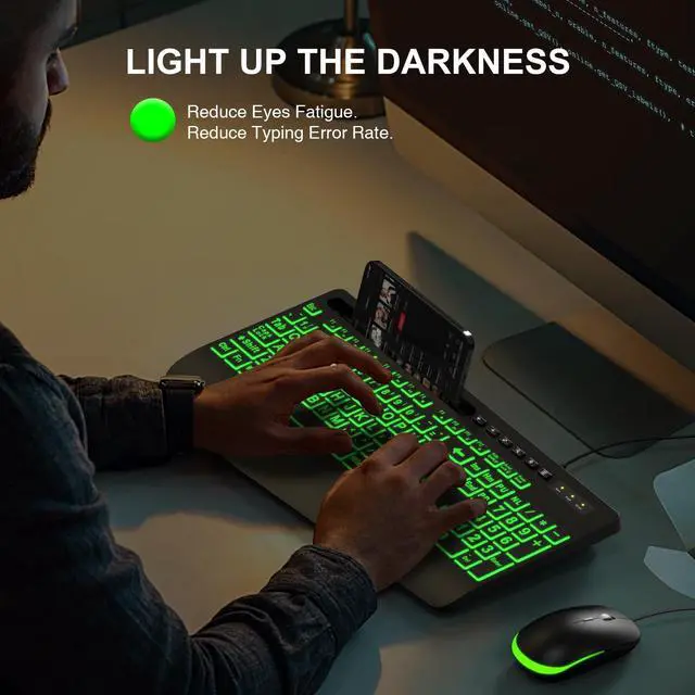 Alt view image 7 of 7 - SABLUTE Large Print Backlit Keyboard, Wired USB Computer Keyboards with 7-Colors Backlight, Wrist Rest, Phone Holder, Oversized Letter Keys Easy to See and Type for Laptop, PC, Windows, Black