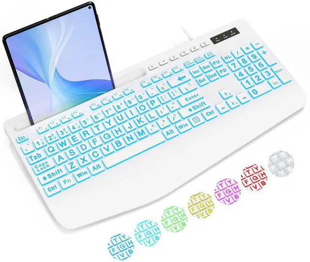 Main image of Large Print Backlit Computer Keyboards, Wired Lighted USB Keyboards with 7-Color Backlit, Wrist Rest, Phone Holder, Easy to Read and Type for Laptop, PC, Windows, Desktop (White)