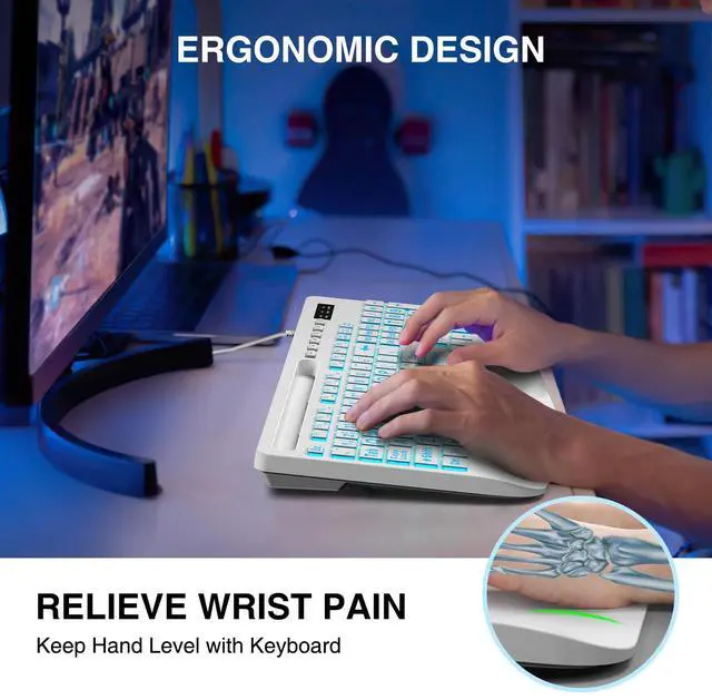 Alt view image 3 of 7 - Large Print Backlit Computer Keyboards, Wired Lighted USB Keyboards with 7-Color Backlit, Wrist Rest, Phone Holder, Easy to Read and Type for Laptop, PC, Windows, Desktop (White)