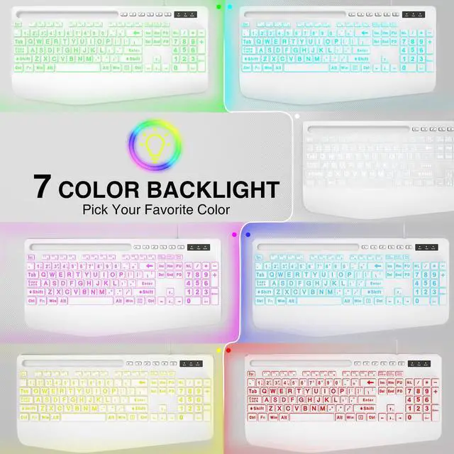 Alt view image 5 of 7 - Large Print Backlit Computer Keyboards, Wired Lighted USB Keyboards with 7-Color Backlit, Wrist Rest, Phone Holder, Easy to Read and Type for Laptop, PC, Windows, Desktop (White)