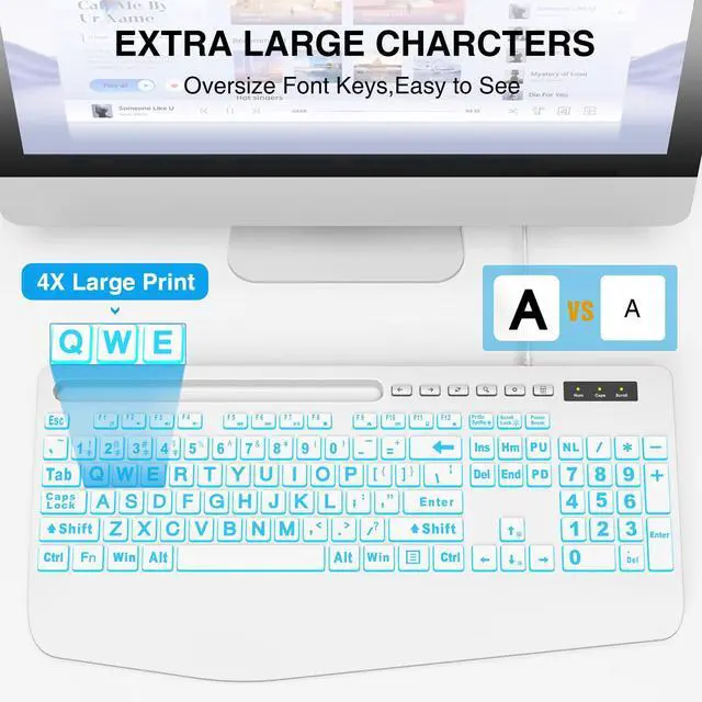 Alt view image 2 of 7 - Large Print Backlit Computer Keyboards, Wired Lighted USB Keyboards with 7-Color Backlit, Wrist Rest, Phone Holder, Easy to Read and Type for Laptop, PC, Windows, Desktop (White)