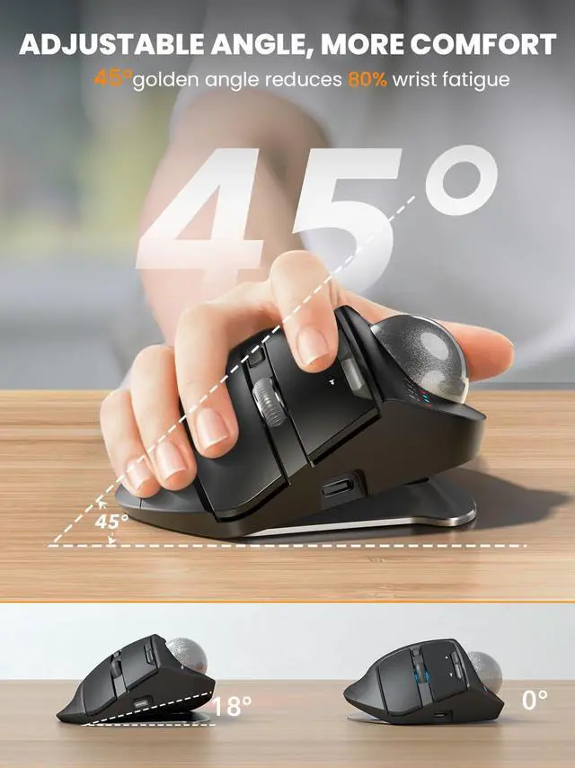 Alt view image 2 of 7 - SABLUTE Wireless Trackball Mouse, Ergonomic Bluetooth Rechargeable Computer Mouse, Backlit Rollerball Thumb Laptop mice with 5 Level DPI, Adjustable Angle, 3 Devices Connection for PC, Mac, Windows