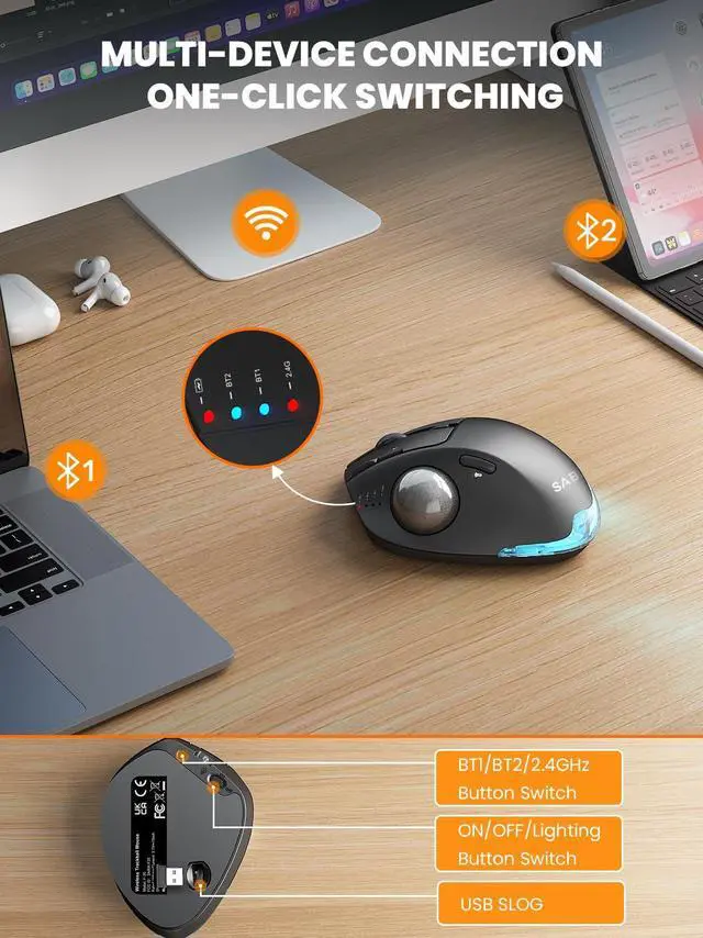 Alt view image 4 of 7 - SABLUTE Wireless Trackball Mouse, Ergonomic Bluetooth Rechargeable Computer Mouse, Backlit Rollerball Thumb Laptop mice with 5 Level DPI, Adjustable Angle, 3 Devices Connection for PC, Mac, Windows