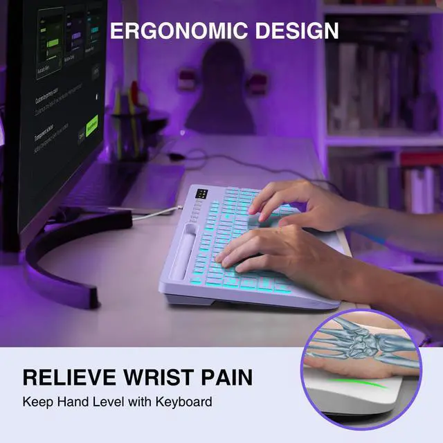 Alt view image 3 of 7 - Large Print Backlit Computer Keyboards, Wired Lighted USB Keyboards with 7-Color Backlit, Wrist Rest, Phone Holder, Easy to Read and Type for Laptop, PC, Windows, Desktop (Purple)