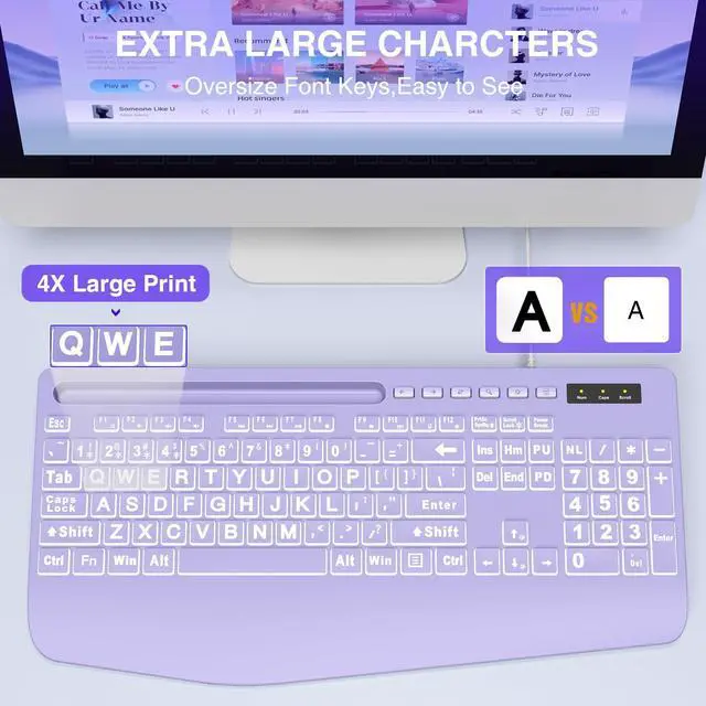 Alt view image 2 of 7 - Large Print Backlit Computer Keyboards, Wired Lighted USB Keyboards with 7-Color Backlit, Wrist Rest, Phone Holder, Easy to Read and Type for Laptop, PC, Windows, Desktop (Purple)