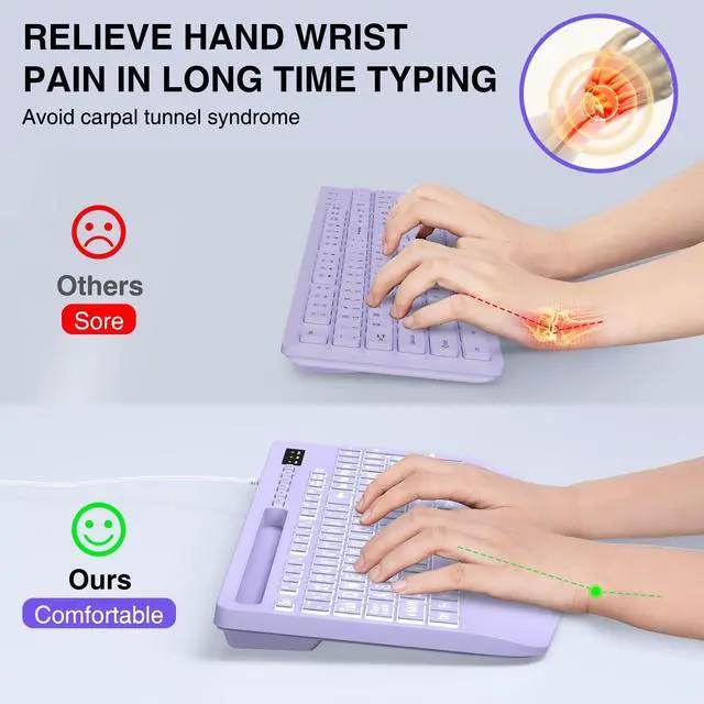 Alt view image 4 of 7 - Large Print Backlit Computer Keyboards, Wired Lighted USB Keyboards with 7-Color Backlit, Wrist Rest, Phone Holder, Easy to Read and Type for Laptop, PC, Windows, Desktop (Purple)