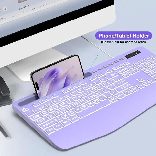 Alt view image 5 of 7 - Large Print Backlit Computer Keyboards, Wired Lighted USB Keyboards with 7-Color Backlit, Wrist Rest, Phone Holder, Easy to Read and Type for Laptop, PC, Windows, Desktop (Purple)