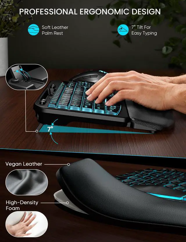 Alt view image 2 of 7 - SABLUTE Wireless Keyboard and Mouse Combo - Ergonomic Wave Keyboard with Soft Leather Wrist Rest, Phone Holder, Rechargeable, RGB Backlit Mouse, Full-Size Set for Windows/Mac/Computer (Black)